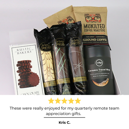 thank you Seattle coffee giftbox including coffee, cookies, biscotti and a luxury travel mug on a light gray background.