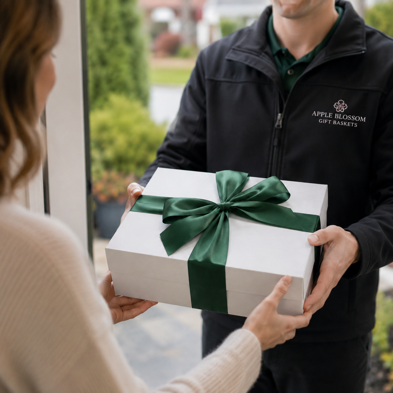 Seattle gift basket local delivery with premium white gift box and green ribbon from Apple Blossom PNW Gift Baskets