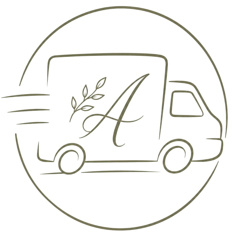 Stylish luxury delivery truck icon in elegant script-inspired line art, minimalist flowing curves with subtle motion lines and boutique gifting aesthetic, monochrome olive green #838263 on white background, sophisticated and modern.