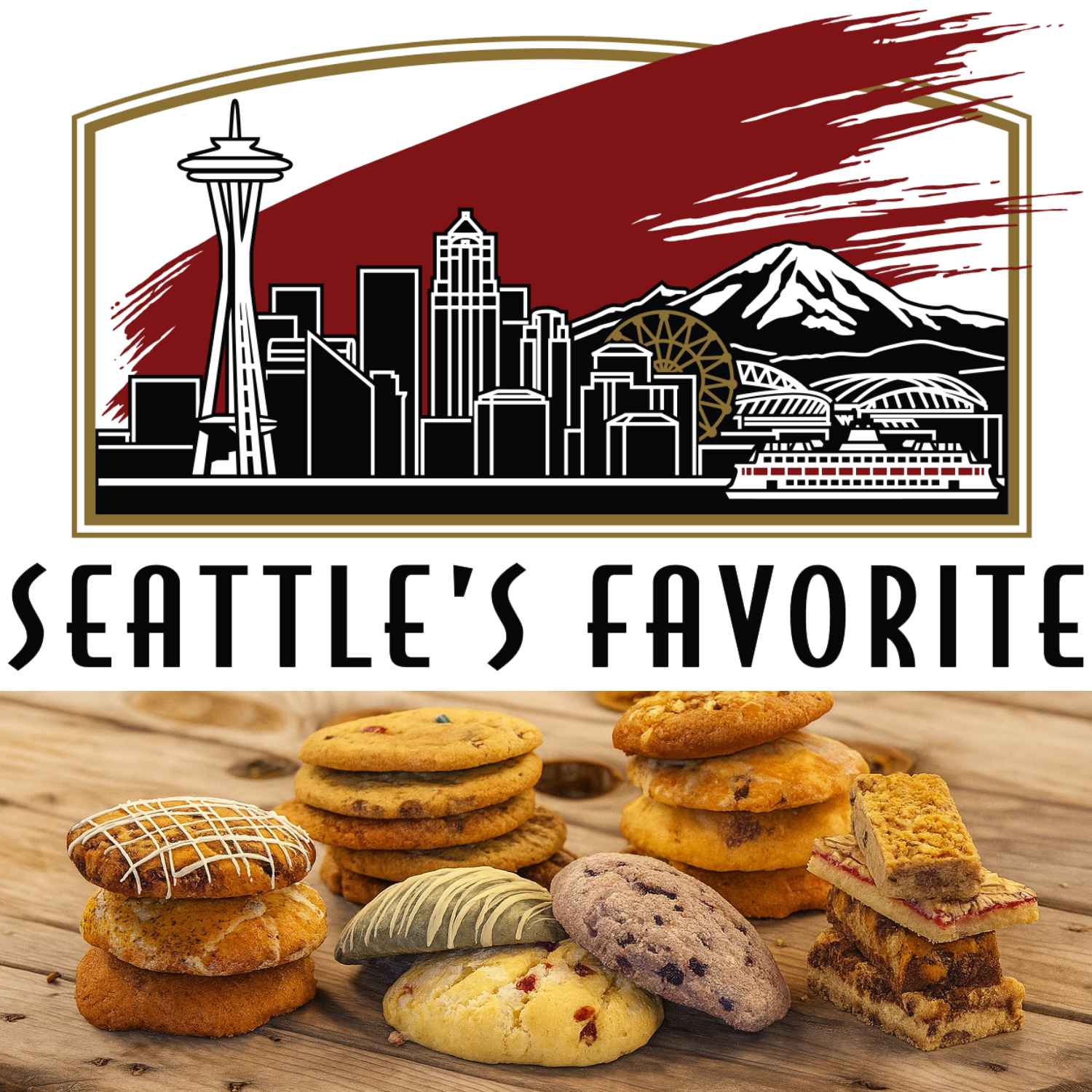 Baked goods with 'Seattle's Favorite' text and cityscape illustration