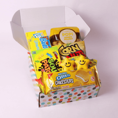 Smiles and Sunshine Gift Box – A cheerful snack and candy gift basket filled with fun treats, perfect for birthdays, get well wishes, college care packages, and sending hugs.