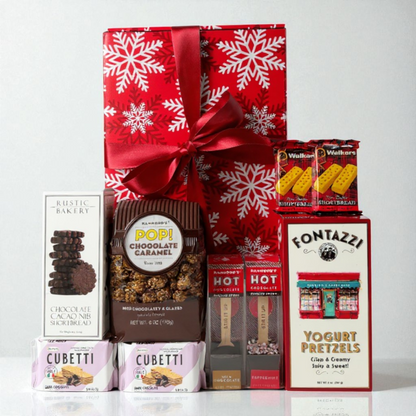Employee Gift: Christmas snack and cocoa gift box with popcorn, cookies, cocoa, yogurt pretzels and wafer cookies in a decorative holiday gift box.  Made in Washington