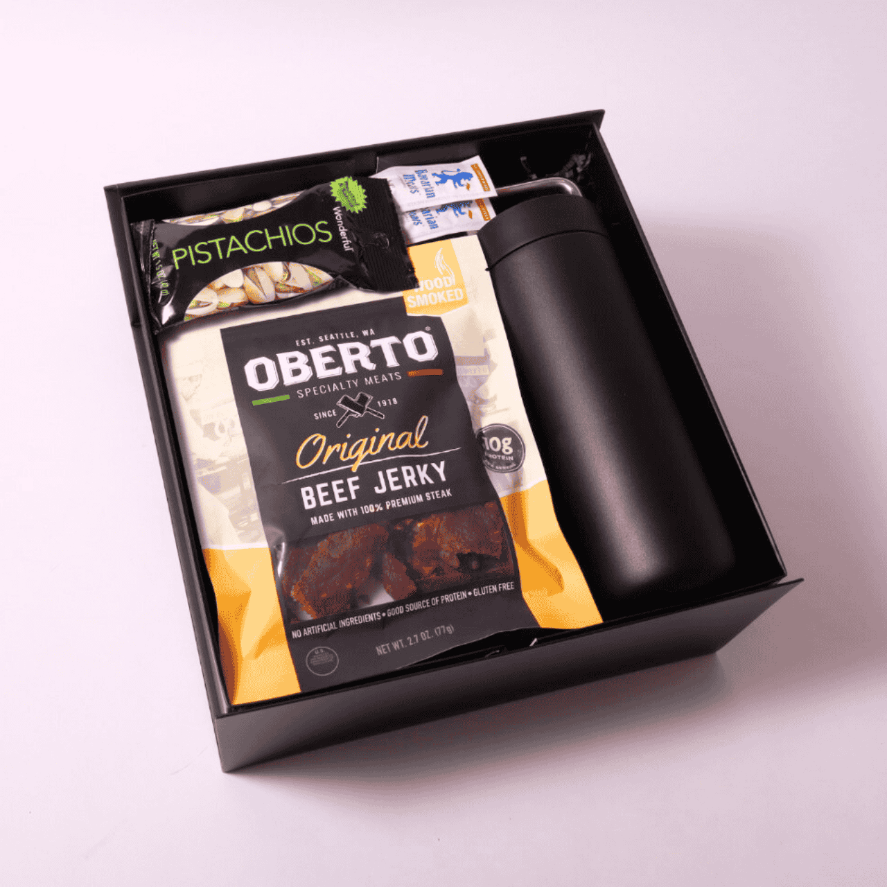 Savory Snack and Hydrate Gift Box includes Fellow water bottle, gourmet snacks, and protein-packed jerky – the ultimate gift for active lifestyles.