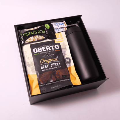 Savory Snack and Hydrate Gift Box includes Fellow water bottle, gourmet snacks, and protein-packed jerky – the ultimate gift for active lifestyles.