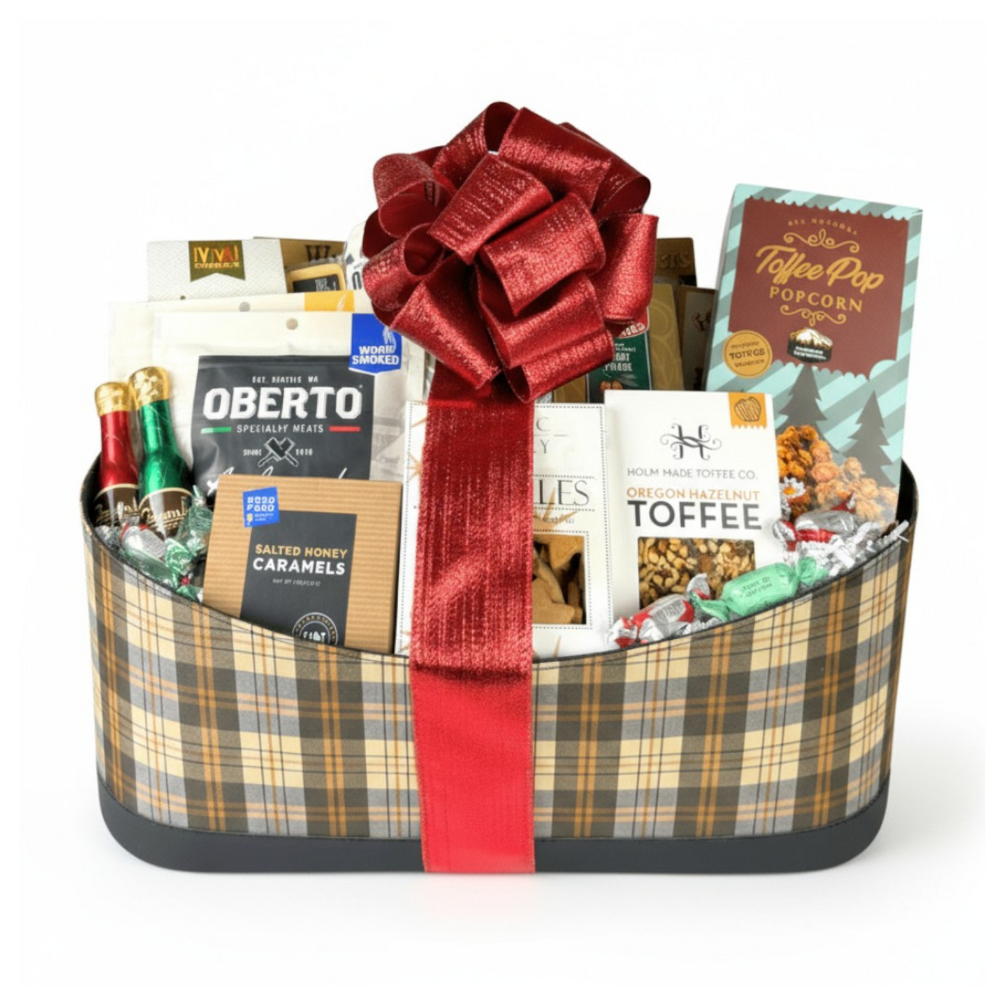 Seattle gift basket made in Washington with smoked salmon, popcorn, cheese, crackers and gourmet snacks.