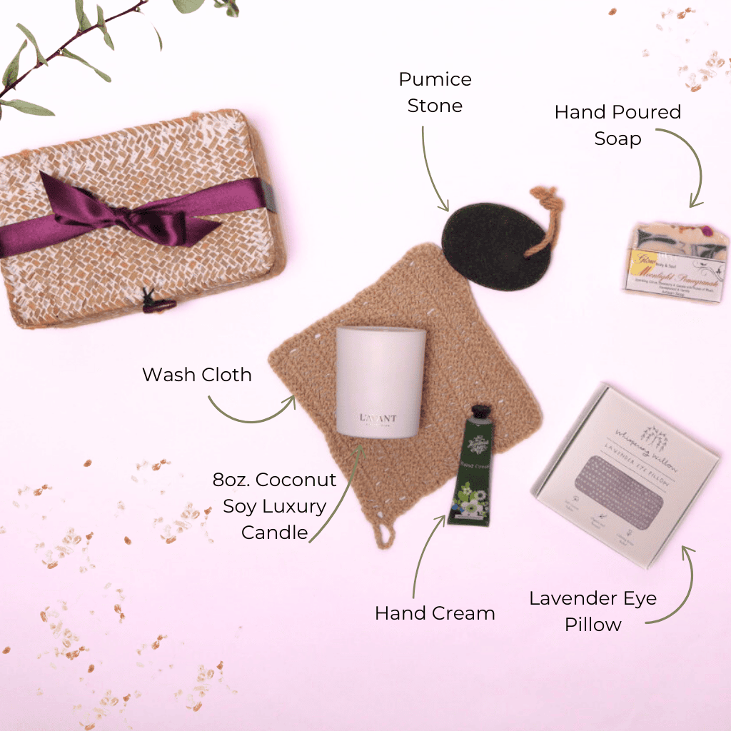Luxury Relaxation Gift Basket – This elegant hygge gift box includes spa essentials like a calming lavender eye pillow, moisturizing hand cream, and a soothing candle, making it an ideal gift set for women, hysterectomy recovery gift, or surgery care package.