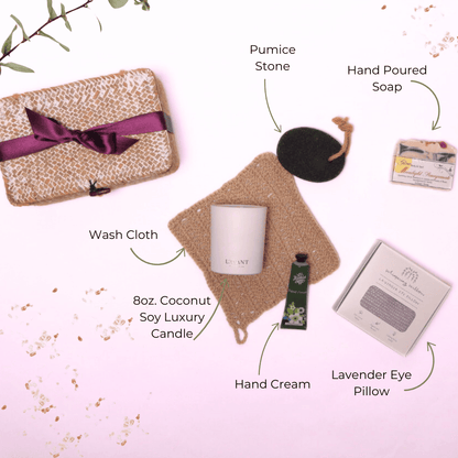Luxury Relaxation Gift Basket – This elegant hygge gift box includes spa essentials like a calming lavender eye pillow, moisturizing hand cream, and a soothing candle, making it an ideal gift set for women, hysterectomy recovery gift, or surgery care package.