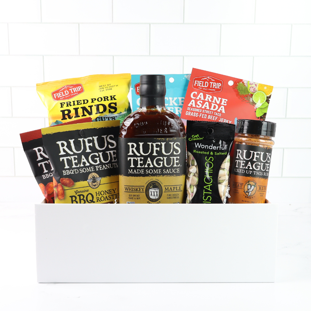 Summer BBQ gift box filled with gourmet sauces, snacks, and  seasoning made in Seattle.
