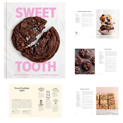 Sweet Tooth dessert cookbook with chocolate cookie cover and interior baking recipes.
