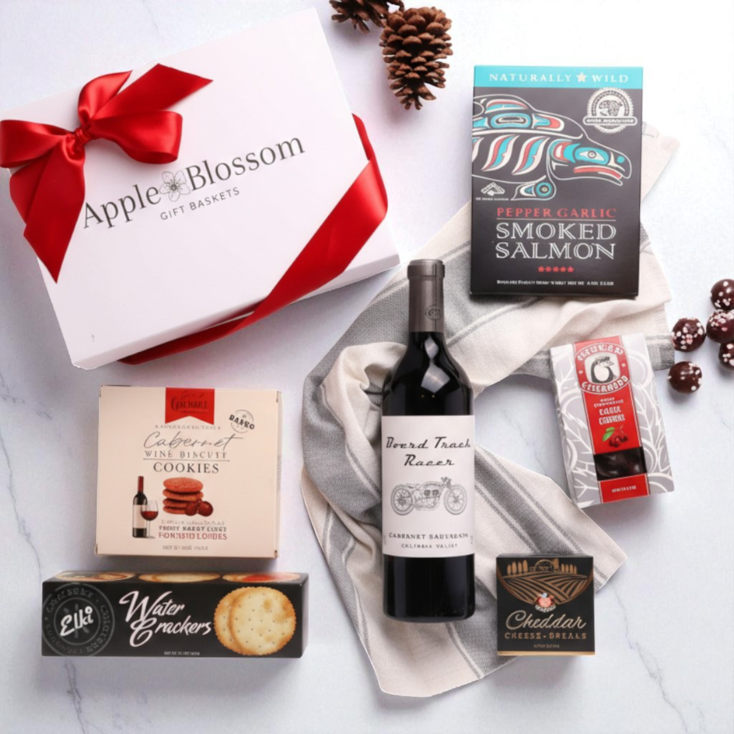 Taste of Washington wine and snack gift box featuring snacks made in the Pacific Northwest.  Mark ryan wine, cheese, crackers, chocolate cherries and smoked salmon.