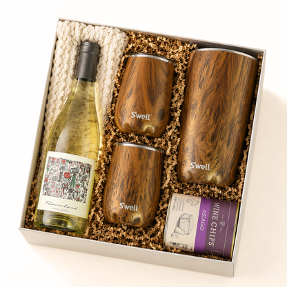 Warm Regards Wine Gift Box with Mark Ryan Flowerhead Pinot Noir, S’well teakwood wine chiller, insulated wine tumblers, wine chips, and kitchen towel