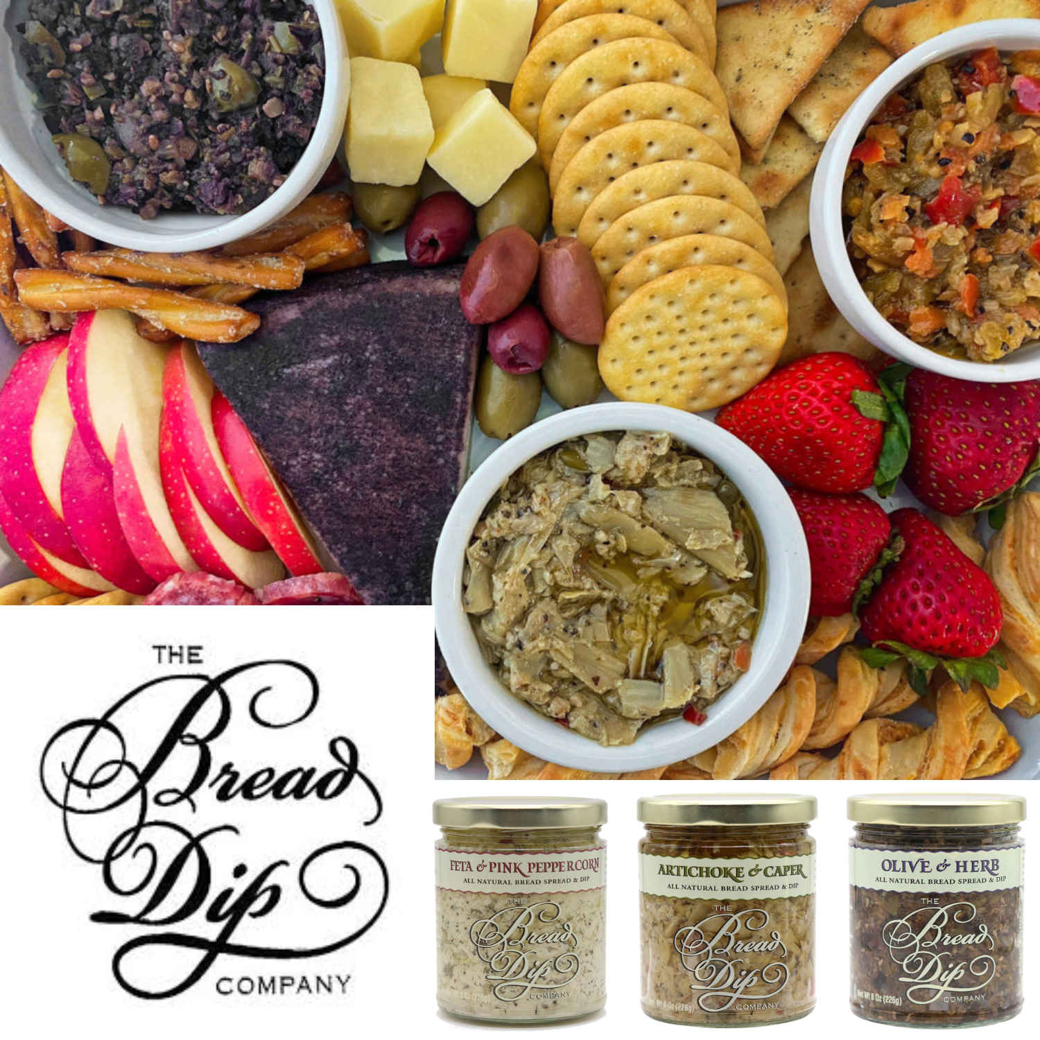 Assorted charcuteries snacks including crackers, fruits, and dips with 'The Bread & Dip Company' branding made in Friday Harbor, WA.