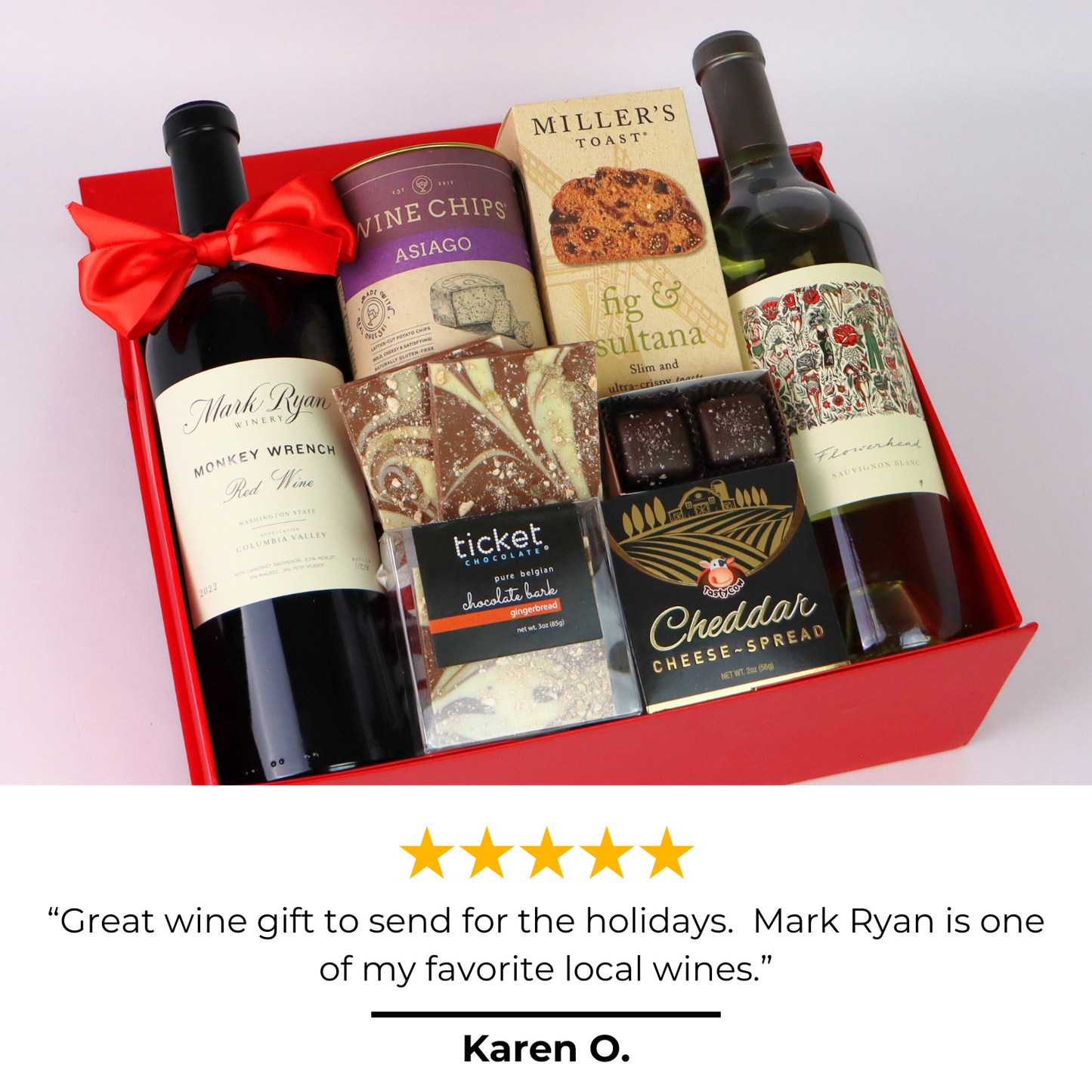 Toast of Washington Wine gift box with 5 star review that says "great wine gift to send for the holidays.  Mark Ryan is one of my favorite local wines."