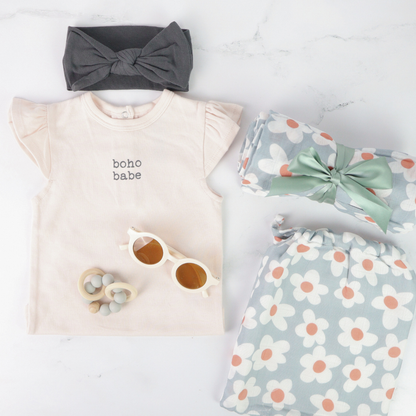 Boho Babe Baby Gift Box, a trendy baby shower gift with a soft neutral presentation for welcoming a new baby