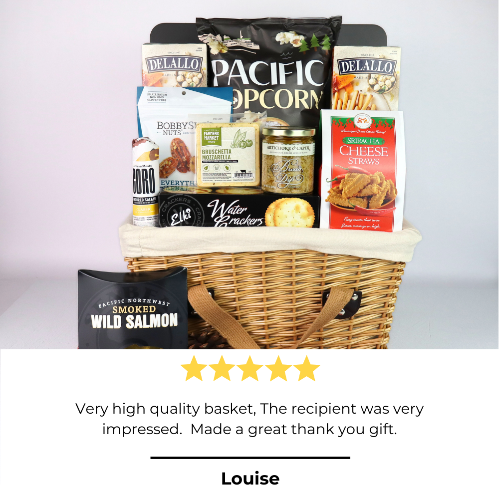 Close-up of a classic wicker picnic basket with dark lid and ribbon, used for the Washington Picnic Basket gourmet gift