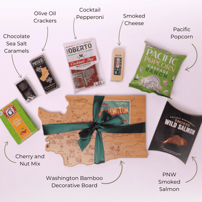 Washington Snack Board gift basket features products made in Washington and comes with a Washington state shaped bamboo cutting board, smoked salmon, cookies, crackers, chocolate caramels and candied nuts. Apple Blossom Gift Baskets