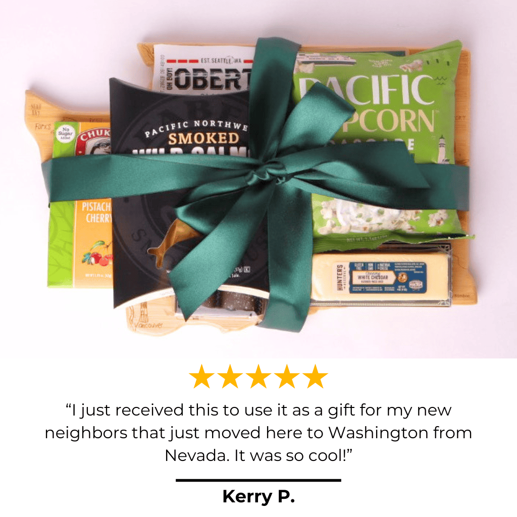 5 star review of Washington state snack gift basket featuring treats made in Seattle, WA.