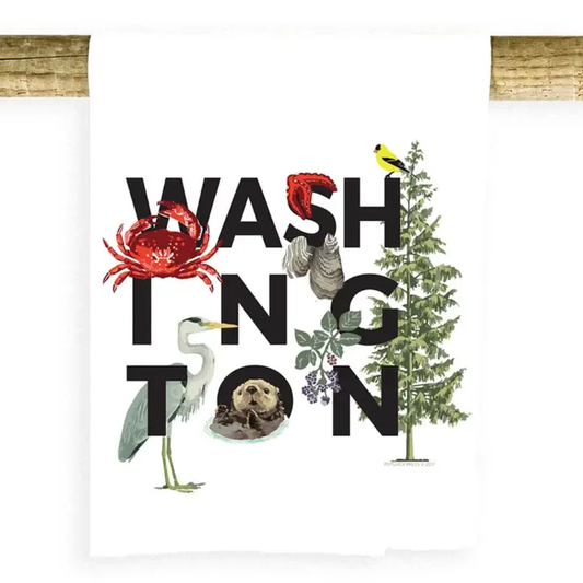 tea towel with letters washington on it and pictures of things from around the pacific northwest