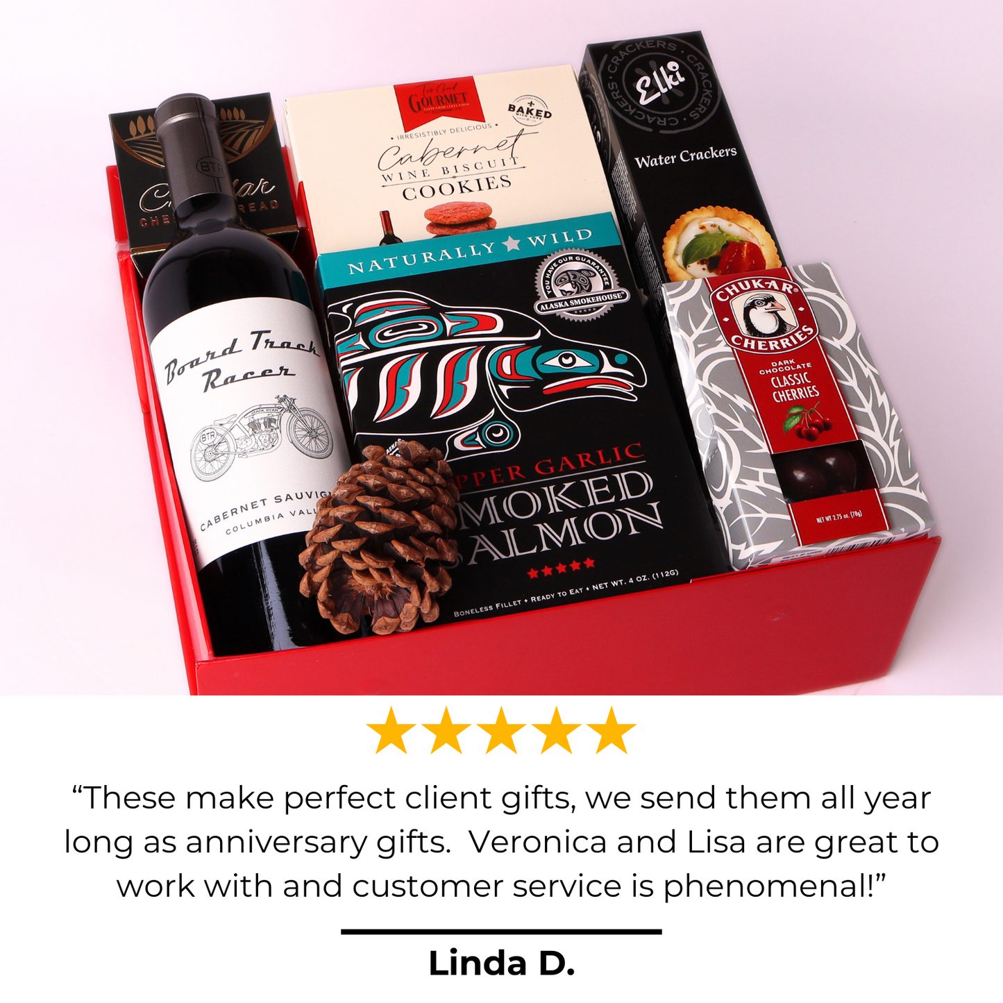 Wine And Snack Gift Box with 5 star review that says "these make perfect client gifts, we send them all year long as anniversary