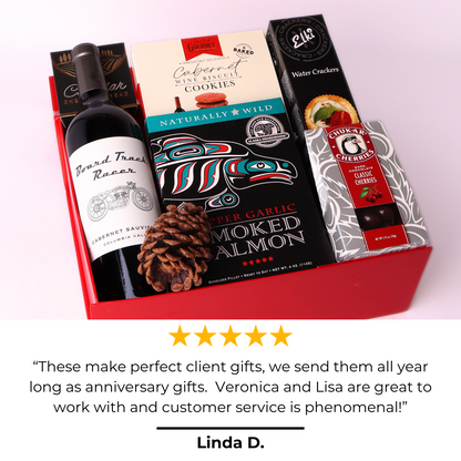 Wine And Snack Gift Box with 5 star review that says "these make perfect client gifts, we send them all year long as anniversary