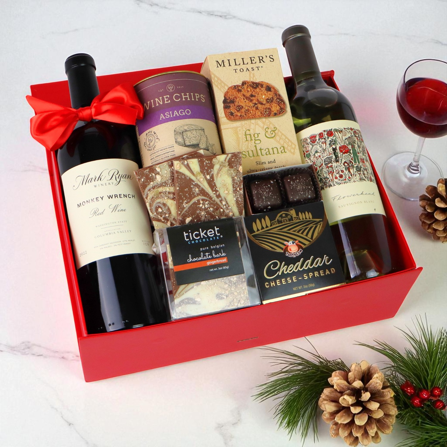Christmas business gift box with Washington wine, crackers, cheese and chocolates