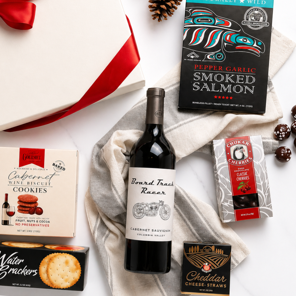Taste of Washington wine and snack gift box featuring snacks made in the Pacific Northwest.  Mark ryan wine, cheese, crackers, chocolate cherries and smoked salmon.
