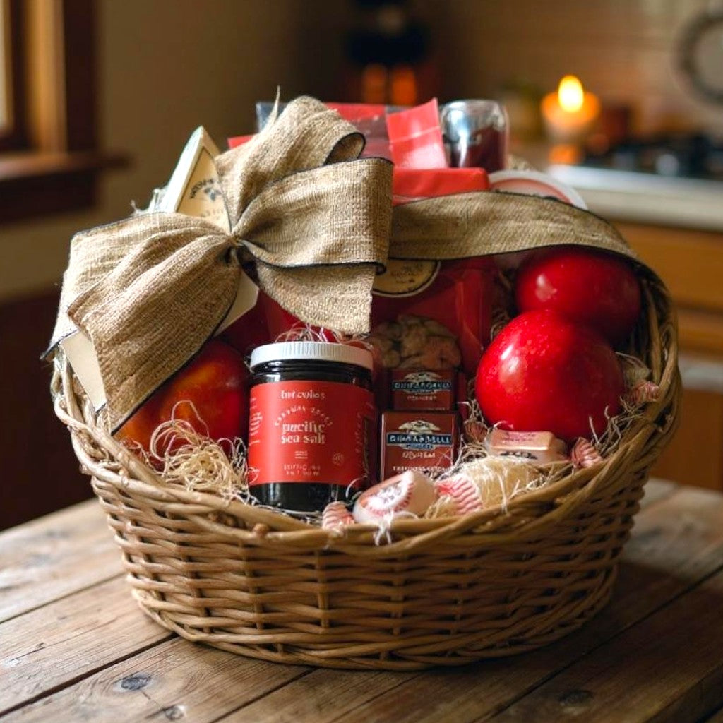 Fruit Gift basket with a variety of items including apples and a jar, on a wooden surface.  Employee onboarding welcome gift basket.