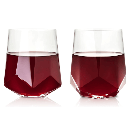 Crystal Wine Glasses by viski set of two stemless geometric shape.  Trendy style perfect for a wine gift set.
