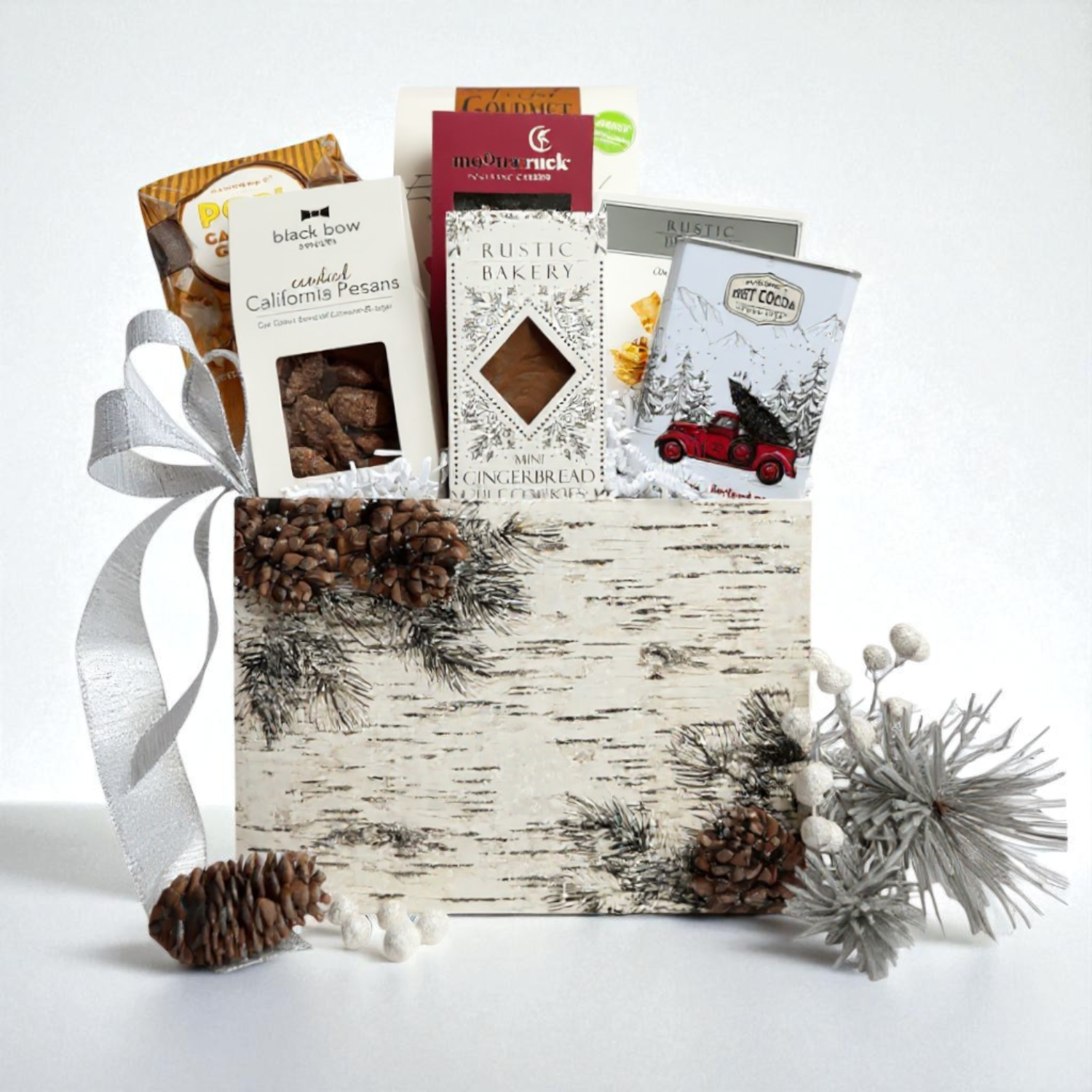 winter wonderland corporate gift basket filled with popcorn, crackers, chocolate, nuts and gourmet snacks made in Washington