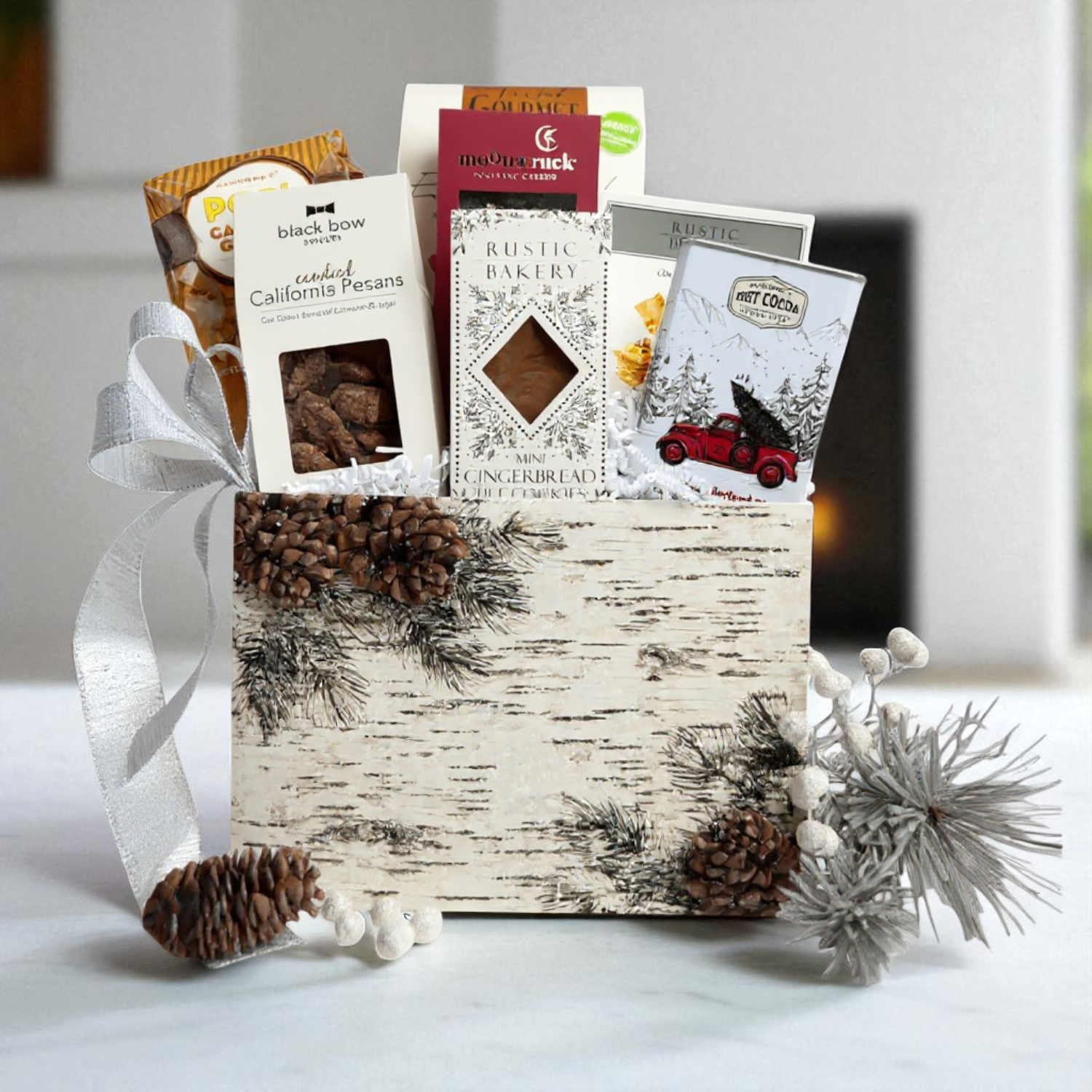 winter wonderland gift basket filled with holiday snacks, popcorn, cookies, nuts and cocoa made in Washington