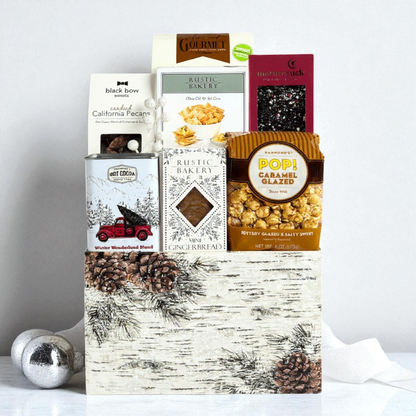 winter wonderland corporate gift basket filled with popcorn, crackers, chocolate, nuts and gourmet snacks made in Washington