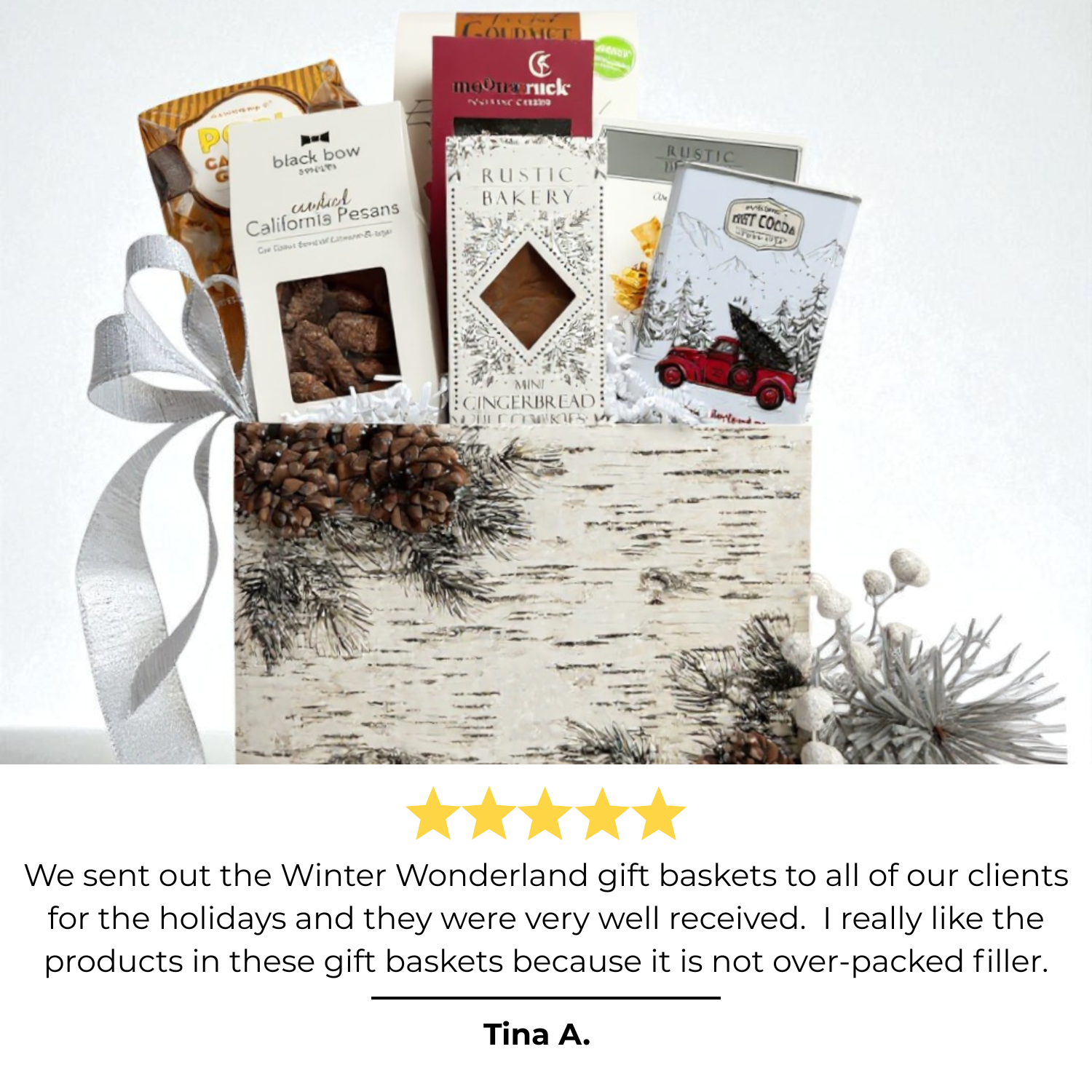 winter wonderland corporate gift basket filled with popcorn, crackers, chocolate, nuts and gourmet snacks made in Washington