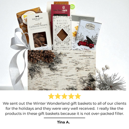 winter wonderland corporate gift basket filled with popcorn, crackers, chocolate, nuts and gourmet snacks made in Washington